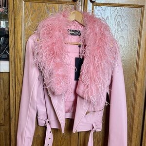 Fashion Nova Blush Leather Jacket with Feather Collar
